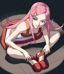 Rule 34 | 1girl, anemone (eureka seven), censored, dress, eureka seven, eureka seven (series), female focus, flat chest, mosaic censoring, no panties, pink hair, purple eyes, shoes, sitting, solo, spread legs