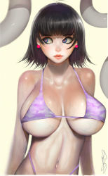 Rule 34 | 1girl, :|, arms at sides, bikini, black hair, blue eyes, breasts, breasts apart, closed mouth, earrings, eyelashes, highleg, highleg bikini, highres, huge breasts, jewelry, lips, looking at viewer, micro bikini, navel, original, purple bikini, randy (awesomevillage), red lips, red pupils, short hair, signature, solo, swimsuit, upper body, veins, veiny breasts