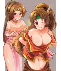 Rule 34 | 1boy, 1girl, bare shoulders, blush, breasts, brown eyes, brown hair, circlet, cleavage, collarbone, commission, dress, embarrassed, fire emblem, fire emblem: shadow dragon and the blade of light, fire emblem heroes, full-face blush, green headband, grin, harukan (user erc1010), headband, highres, jacket, large breasts, linde (fire emblem), long hair, nintendo, one eye closed, pink dress, pixiv commission, ponytail, red jacket, side slit, smile, transformation, very long hair, xane (fire emblem)