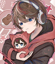 Rule 34 | 1boy, :o, animal ears, animal hood, black jacket, blonde hair, blue eyes, blue hair, boned meat, bright pupils, broooock (white tails), brown hair, casual, cat day, cat ears, character doll, closed mouth, commentary, doll, food, green shirt, hair between eyes, headphones, holding, holding doll, hood, hood up, hooded jacket, hoodie, jacket, light blush, long bangs, long sleeves, looking at viewer, male focus, meat, moi 0061, multicolored clothes, multicolored hair, multicolored jacket, open mouth, outline, pink background, pink hoodie, pink jacket, red hair, red outline, shirt, short hair, smile, smiley face, solo, star (symbol), streaked hair, t-shirt, two-tone jacket, upper body, virtual youtuber, whiskers, white outline, white polka dots, white pupils, white tails