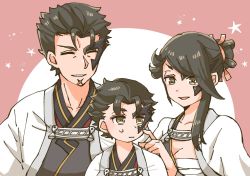 Rule 34 | 1girl, 2boys, age difference, aged down, akuta (utawarerumono: lost flag), aquaplus, black hair, breasts, brown eyes, cleavage, closed eyes, closed mouth, collarbone, eyes visible through hair, genderswap, genderswap (mtf), grin, hair over one eye, hair over shoulder, height difference, large breasts, long hair, looking at another, mask, multiple boys, open mouth, ponytail, raised eyebrows, sarashi, scar, scar on face, short hair, sidelocks, single sidelock, smile, sweat, sweatdrop, swept bangs, twchewp, upper body, utawarerumono, utawarerumono: lost flag