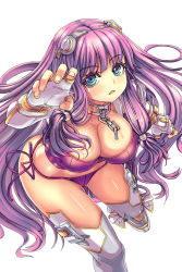 Rule 34 | 1girl, :&lt;, arm up, armor, blue eyes, breasts, bustier, cleavage, collar, elbow gloves, female focus, fingerless gloves, from above, gloves, goggles, goggles on head, greaves, juno (soccer spirits), large breasts, long hair, looking up, open mouth, panties, purple hair, purple panties, reason (ficafe), side-tie panties, sidelocks, simple background, sitting, soccer spirits, solo, thighhighs, underwear, very long hair, white background, white gloves, white thighhighs