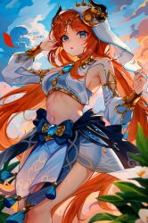 Rule 34 | 1girl, armpits, blue eyes, blue gemstone, blush, breasts, chen ying (alan-yut), circlet, commentary request, detached sleeves, fake horns, gem, genshin impact, goat horns, gold trim, harem outfit, highres, horns, long hair, looking at viewer, medium breasts, navel, nilou (genshin impact), open mouth, outdoors, partial commentary, red hair, sideboob, solo, thighlet, veil, vision (genshin impact), white headwear, white veil