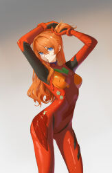 Rule 34 | 1girl, absurdres, artist request, ass, blue eyes, bodysuit, breasts, brown hair, comb, curvy, evangelion: 3.0 you can (not) redo, expressionless, eyelashes, hair between eyes, hair down, highres, interface headset, long hair, looking at viewer, medium breasts, neon genesis evangelion, pilot suit, plugsuit, rebuild of evangelion, red bodysuit, shiny clothes, simple background, solo, souryuu asuka langley, very long hair, wide hips