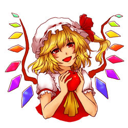 Rule 34 | 1girl, apple, ascot, blonde hair, flandre scarlet, food, fruit, hat, holding, looking at viewer, mob cap, open mouth, puffy short sleeves, puffy sleeves, red eyes, short sleeves, side ponytail, simple background, smile, solo, toriaezu shouyu, touhou, upper body, white background, wings