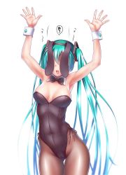 Rule 34 | 00s, 1girl, animal ears, aqua hair, arms up, black bow, black bowtie, black leotard, bow, bowtie, breasts, brown pantyhose, cleavage, covering own eyes, cowboy shot, detached collar, failure, fake animal ears, gluteal fold, hatsune miku, leotard, long hair, open mouth, pantyhose, playboy bunny, rabbit ears, simple background, small breasts, smile, solo, standing, strapless, strapless leotard, thigh gap, twintails, very long hair, vocaloid, white background, wokada, wrist cuffs