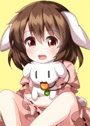 Rule 34 | 1girl, :d, animal, animal ears, brown hair, carrot necklace, dress, floppy ears, highres, holding, holding animal, in mouth, inaba mob (touhou), inaba tewi, jewelry, looking at viewer, necklace, open mouth, pink dress, puffy short sleeves, puffy sleeves, rabbit, rabbit ears, rabbit tail, ruu (tksymkw), short hair, short sleeves, simple background, sitting, smile, solid oval eyes, tail, touhou, yellow background