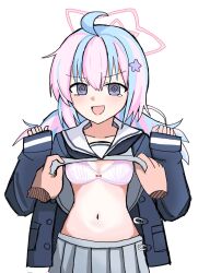 Rule 34 | 1girl, ahoge, blue archive, blue hair, blue jacket, blush, bow, bow bra, bra, breasts, clothes lift, grey skirt, hair ornament, halo, highres, jacket, lifting another&#039;s clothes, looking at viewer, medium breasts, multicolored hair, navel, open mouth, pink bra, pink hair, pleated skirt, purple eyes, reisa (blue archive), sailor collar, simple background, skirt, solo, star (symbol), star hair ornament, tenpurax, twintails, underwear, white background