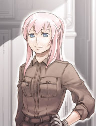 Rule 34 | 1girl, blue eyes, breast pocket, brown jumpsuit, female focus, gloves, half updo, hand on own hip, jacket, jumpsuit, megurine luka, military, military uniform, pink hair, pocket, ponytail, sleeves rolled up, smile, solo, taichi17, uniform, vocaloid, watari taichi