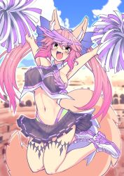 Rule 34 | 1girl, animal ear fluff, animal ears, armpits, breasts, brynhildr (cheer for master) (fate), brynhildr (fate), cheerleader, clothes writing, crop top, crop top overhang, day, fate/grand order, fate (series), fox ears, fox tail, highres, large breasts, long hair, midriff, miniskirt, navel, open mouth, outdoors, pink hair, pleated skirt, pom pom (cheerleading), shoes, skirt, sleeveless, smile, sneakers, solo, tail, tamamo (fate), tamamo no mae (fate/extra), wisespeak, yellow eyes