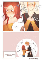 Rule 34 | 1boy, 1girl, absurdres, bleach, blue pants, blush, brown eyes, commentary, couple, cowboy shot, english commentary, english text, hair ornament, hairpin, hetero, highres, holding, holding clothes, inoue orihime, japanese clothes, kurosaki ichigo, lili (lilipudding ), long hair, long sleeves, pants, shirt, short hair, speech bubble, standing, sweat, sword, upper body, weapon, weapon on back, yellow shirt