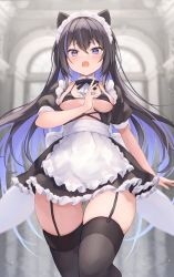 Rule 34 | 1girl, absurdres, animal ears, apron, asktyuni, black bra, black dress, black hair, blue hair, blush, bra, breasts, character request, colored inner hair, copyright request, cowboy shot, dress, frilled apron, frills, garter straps, hand on own face, highres, large breasts, long hair, looking at viewer, maid, maid apron, maid headdress, multicolored hair, open clothes, original, solo, thighhighs, tongue, tongue out, twintails, underwear, waist apron, white apron, wrist cuffs