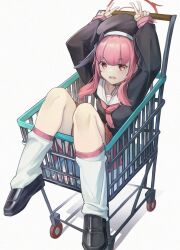 Rule 34 | 1girl, arms up, beret, black footwear, black hat, black wings, blue archive, blush, feathered wings, halo, hat, head wings, highres, in shopping cart, koharu (blue archive), long hair, long sleeves, looking at viewer, loose socks, neckerchief, open mouth, pink eyes, pink hair, pink halo, pink neckerchief, sailor collar, school uniform, shopping cart, simple background, skirt, socks, solo, white background, white sailor collar, wings, xiluo qian xi