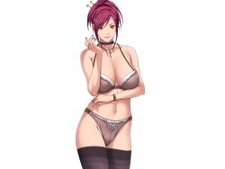 Rule 34 | 10s, 1girl, bare shoulders, black thighhighs, bra, breasts, brown eyes, choker, cleavage, collarbone, female focus, game cg, large breasts, legs, looking at viewer, mamiya marie, mole, mole under eye, nail polish, navel, panties, pink hair, ponytail, sei shoujo, smile, solo, standing, starless, thighhighs, thighs, transparent background, underwear, white background, will (company)