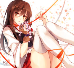 Rule 34 | 10s, 1girl, akagi (kancolle), brown eyes, brown hair, flower, japanese clothes, kantai collection, long hair, looking at viewer, muneate, one-hour drawing challenge, personification, pleated skirt, signature, skirt, solo, thighhighs, toosaka asagi, white thighhighs, zettai ryouiki