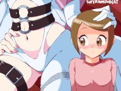 Rule 34 | 2girls, age difference, angel, angel girl, angewomon, belt, blush, brown eyes, brown hair, derivative work, digimon, digimon (creature), digimon adventure 02, hand on another&#039;s head, hand on own hip, headpat, imminent cunnilingus, looking at another, looking at crotch, looking at pussy, multiple girls, nail polish, navel, screenshot redraw, size difference, supermondobeat, thigh strap, yagami hikari, yuri