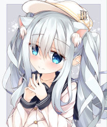 Rule 34 | 10s, 1girl, 3:, alternate hairstyle, animal ears, blue eyes, blush, cat ears, closed mouth, collarbone, fingers together, flat cap, grey background, hair between eyes, hands up, hat, hibiki (kancolle), kantai collection, long hair, looking at viewer, niruanu (nitayam), school uniform, serafuku, silver hair, solo, star (symbol), starry background, twintails, upper body, verniy (kancolle)