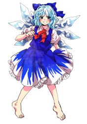 Rule 34 | 1girl, absurdres, barefoot, blue bow, blue dress, blue eyes, blue hair, blush, bow, cirno, collared shirt, dress, fairy, full body, grin, hair bow, highres, ice, ice wings, kuya (hey36253625), puffy short sleeves, puffy sleeves, shirt, short hair, short sleeves, simple background, smile, solo, touhou, white background, white shirt, wings