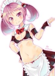 Rule 34 | 10s, 1girl, adapted costume, alternate costume, apron, artist name, bare shoulders, bikini, blush, breasts, cleavage cutout, clothing cutout, cuffs, hair bobbles, hair ornament, hairband, hand on own hip, highres, imu sanjo, jpeg artifacts, kantai collection, long hair, looking at viewer, maid, maid apron, maid bikini, maid headdress, navel, pink eyes, pink hair, ribbon, ribbon trim, sazanami (kancolle), skirt, smile, solo, swimsuit, twintails, unconventional maid, uniform, waist apron, white background, wrist cuffs, wristband