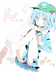 Rule 34 | 1boy, 1girl, blue eyes, blue hair, cum, ejaculation, feet, footjob, hair bobbles, hair ornament, hat, hetero, kawashiro nitori, key, oouso, pale color, penis, short hair, surprised, thighhighs, touhou, twintails, two side up, white background, white thighhighs