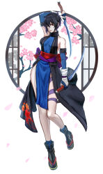 Rule 34 | 1girl, akito1218, backless kimono, bare shoulders, black hair, blue eyes, blue gloves, blue kimono, branch, breasts, cherry blossoms, closed mouth, dual wielding, full body, gloves, heterochromia, highres, holding, holding sword, holding weapon, japanese clothes, kimono, leg tattoo, looking at viewer, medium breasts, ninja, obi, partially fingerless gloves, petals, red eyes, reverse grip, samurai spirits, sandals, sash, shiki (samurai spirits), short hair, short sword, solo, sword, tabi, tantou, tattoo, weapon, window, zouri