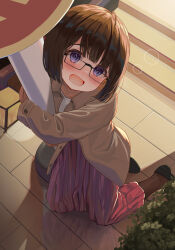 Rule 34 | 1girl, :d, black-framed eyewear, black footwear, blue eyes, blunt bangs, bob cut, brown hair, brown jacket, brown pantyhose, coat, commentary request, drunk, from above, glasses, highres, jacket, kneeling, long skirt, long sleeves, looking at viewer, looking up, mimikaki (men bow), hugging object, on floor, open clothes, open coat, open mouth, original, pantyhose, pleated skirt, rectangular eyewear, red skirt, reflection, reflective floor, shirt, shoes, skirt, smile, solo, stairs, unbuttoned, white shirt, wooden floor