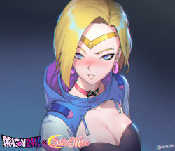Rule 34 | 1girl, android 18, bishoujo senshi sailor moon, blonde hair, blue eyes, blush, bob cut, breasts, character print, circlet, cleavage, commentary, copyright name, derivative work, dragon ball, drawstring, dripping, drooling, earrings, english commentary, from above, from outside, from side, heart, heart-shaped pupils, highres, hood, hood down, hoop earrings, jewelry, kuririn, looking to the side, meme, nose blush, sailor moon redraw challenge (meme), saliva, screenshot redraw, shiny skin, short hair, solo, symbol-shaped pupils, tile floor, tiles, turtleneck, upper body, xhe 1992