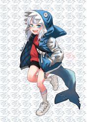 Rule 34 | 1girl, absurdres, adapted costume, alternate costume, animal hood, black shorts, blue eyes, blue hair, fanny pack, fins, fish tail, gawr gura, hands in pockets, highres, hololive, hololive english, hood, hooded jacket, jacket, knifecat, letterman jacket, multicolored hair, open mouth, red shirt, shark, shark hood, shark tail, sharp teeth, shirt, shoes, short shorts, shorts, silver hair, sneakers, solo, streaked hair, tail, teeth, virtual youtuber