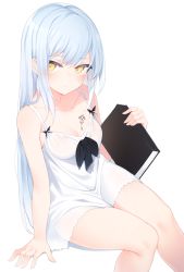 Rule 34 | 1girl, :/, arm support, babydoll, bare arms, bare shoulders, black bow, blush, book, borrowed character, bow, breast tattoo, breasts, camisole, collarbone, commentary request, commission, feet out of frame, grey hair, highres, holding, holding book, long hair, medium breasts, orange eyes, original, otokuyou, pixiv commission, simple background, sitting, solo, tattoo, white background
