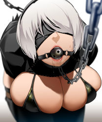 Rule 34 | 1girl, 2b (nier:automata), alternate breast size, bakkanki, ball gag, bdsm, bikini, black bikini, black blindfold, black thighhighs, blindfold, bondage, bound, bound arms, bound wrists, bra, breastless clothes, breasts, chain, chain leash, cleavage, cleavage cutout, clothing cutout, gag, highres, juliet sleeves, kneeling, large breasts, leash, leash pull, lips, long sleeves, mole, mole under mouth, nier:automata, nier (series), pink lips, puffy sleeves, restrained, saliva, saliva trail, short hair, swimsuit, thick thighs, thighhighs, thighs, underwear, viewer holding leash, white background, white hair, wiffle gag