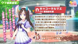 Rule 34 | 1girl, animal ears, aqua bow, artist request, bow, bowtie, braid, brown hair, character profile, commentary request, copano rickey (umamusume), copyright name, copyright notice, cygames, diffraction spikes, ear bow, ear covers, hair between eyes, hat, hokko tarumae (umamusume), horse ears, horse girl, horseshoe ornament, long hair, official art, orange bow, pleated skirt, promotional art, puffy short sleeves, puffy sleeves, purple bow, purple bowtie, purple eyes, purple shirt, sailor collar, sailor shirt, school uniform, shirt, short sleeves, skirt, solo, sparkle, star ornament, striped, striped bow, summer uniform, tracen school uniform, translation request, twin braids, two-tone bow, umamusume, urban, very long hair, white hair, white sailor collar, white skirt