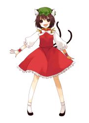 Rule 34 | 1girl, animal ears, bad id, bad pixiv id, bow, brown eyes, brown hair, cat ears, cat girl, cat tail, chen, earrings, fang, female focus, fingernails, hat, jewelry, katagiri (mighty swing), long sleeves, multiple tails, open mouth, puffy sleeves, sharp fingernails, short hair, solo, standing, tail, touhou, transparent background, white background, wrist cuffs