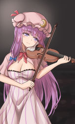 Rule 34 | 1girl, blue bow, blue ribbon, blush, bow, breasts, capelet, cleavage, cowboy shot, crescent, crescent hair ornament, dress, hair bow, hair ornament, hat, hat ribbon, highres, instrument, large breasts, long hair, mob cap, music, namiki (remiter00), patchouli knowledge, playing instrument, purple eyes, purple hair, red bow, red ribbon, ribbon, simple background, smile, solo, striped clothes, striped dress, touhou, very long hair, violin