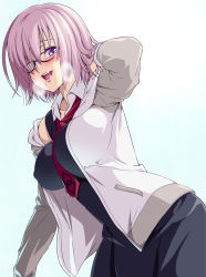 Rule 34 | 1girl, 846-gou, black-framed eyewear, black dress, blush, breasts, collared shirt, covered erect nipples, dress, fate/grand order, fate (series), glasses, gradient background, hair over one eye, half-closed eyes, hood, hoodie, large breasts, light purple hair, looking at viewer, mash kyrielight, open clothes, open hoodie, open mouth, purple eyes, purple hair, purple neckwear, saliva, shirt, short hair, smile, solo, white shirt