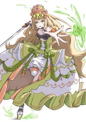 Rule 34 | 1girl, bare shoulders, blonde hair, bow, butterfly hair ornament, celine (fire emblem), clothing cutout, crown, detached sleeves, dress, fire emblem, fire emblem engage, flower, frilled dress, frills, full body, green bow, green eyes, hair ornament, highres, holding, holding sword, holding weapon, kazami doriru, long dress, long hair, looking at viewer, nintendo, open mouth, orange bow, outstretched hand, ribbon, solo, sword, very long hair, weapon, white background