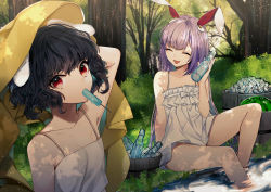 Rule 34 | 2girls, absurdres, animal ears, bare arms, bare legs, bare shoulders, black hair, bob cut, bottle, bush, closed eyes, commentary request, curly hair, daimaou ruaeru, dress, food, food in mouth, forest, fruit, grass, headdress, highres, ice, ice cube, inaba tewi, long hair, looking at viewer, multiple girls, nature, open mouth, popsicle, popsicle in mouth, purple hair, rabbit ears, ramune, red eyes, reisen udongein inaba, short hair, smile, soaking feet, stream, sundress, sunlight, touhou, tree, very long hair, water, watermelon, wavy hair