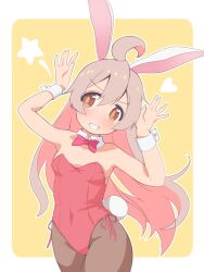 Rule 34 | 1girl, ahoge, animal ears, bare arms, bare shoulders, border, bow, bowtie, breasts, brown eyes, brown pantyhose, commentary, cowboy shot, detached collar, genderswap, genderswap (mtf), grin, hands up, heart, highres, leotard, long hair, looking at viewer, onii-chan wa oshimai!, outline, outside border, oyama mahiro, pantyhose, pink hair, playboy bunny, rabbit ears, rabbit pose, rabbit tail, red bow, red bowtie, red leotard, simple background, small breasts, smile, solo, standing, star (symbol), strapless, strapless leotard, tail, unkimo, white border, white outline, wrist cuffs, yellow background
