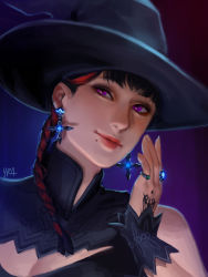 Rule 34 | 1girl, black hair, black mage (final fantasy), breasts, cleavage, cleavage cutout, clothing cutout, earrings, final fantasy, final fantasy xiv, gradient background, hat, highres, hyur, jewelry, lips, medium breasts, mole, mole under mouth, multicolored hair, purple eyes, red hair, ring, signature, sleeveless, solo, tattoo, two-tone hair, witch hat, wrist cuffs, yra