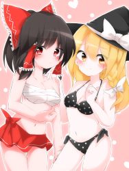 Rule 34 | 2girls, :/, bikini, black hair, blonde hair, blush, bow, braid, breasts, clenched hand, commentary, hair bow, hair tubes, hakurei reimu, hand on another&#039;s shoulder, hand on another&#039;s thigh, hat, highres, hiyorinrin, large bow, long hair, medium breasts, multiple girls, ponytail, red eyes, sarashi, sarong, short hair, shy, side-tie bikini bottom, side braid, single braid, small breasts, star (symbol), star print, sweat, swimsuit, touhou, witch hat, yellow eyes
