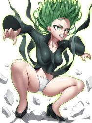 Rule 34 | 1girl, anger vein, angry, arms up, aura, black dress, breasts, clenched teeth, curly hair, debris, destruction, dress, fighting stance, glowing, green eyes, green hair, high heels, highres, long sleeves, navel, one-punch man, panties, short hair, side slit, simple background, skylock, small breasts, solo, squatting, tatsumaki, teeth, underwear, white background, white panties