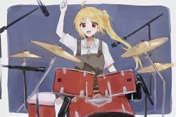 Rule 34 | 1girl, :d, ahoge, artist request, bad link, blonde hair, bocchi the rock!, border, brown dress, collared shirt, detached ahoge, dot nose, dress, drum, hand up, highres, holding, ijichi nijika, instrument, long hair, microphone, microphone stand, music, open mouth, pinafore dress, playing instrument, red eyes, shirt, short sleeves, side ponytail, sleeveless dress, smile, solo, source request, white border, white shirt, wing collar