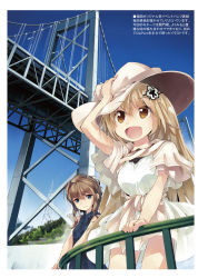 Rule 34 | 2girls, :d, blue sky, bridge, day, dress, hair ornament, hairpin, hand on headwear, hat, highres, looking at viewer, multiple girls, nanaroku (fortress76), open mouth, original, railing, scenery, short sleeves, sky, smile, sun hat, white dress