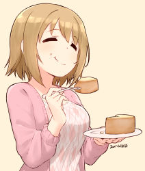 Rule 34 | 1girl, = =, ^ ^, argyle, baumkuchen, blush, breasts, cake, closed eyes, closed mouth, crumbs, dated, dot nose, eating, food, food on face, foodgasm, fork, holding, holding fork, holding plate, idolmaster, idolmaster cinderella girls, jacket, light brown hair, medium breasts, mimura kanako, nagian, pink jacket, pink shirt, plate, shirt, short hair, simple background, smile, solo, upper body, yellow background