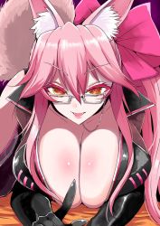 Rule 34 | 1girl, all fours, animal ears, black gloves, breast press, breasts, cleavage, fangs, fate/grand order, fate (series), fox ears, fox girl, fox tail, glasses, gloves, han (jackpot), highres, kneeling, koyanskaya (assassin) (first ascension) (fate), koyanskaya (fate), large breasts, leaning forward, makeup, mascara, open mouth, pale skin, pink hair, pink ribbon, pointing, pointing at viewer, ribbon, shiny skin, solo, tail, tamamo (fate)