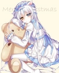 Rule 34 | 1girl, animal ears, beige background, blue bow, blue eyes, blush, bow, cat ears, closed mouth, dress, frilled hairband, frills, hair between eyes, hair bow, hairband, heterochromia, long hair, long sleeves, looking at viewer, looking to the side, merry christmas, original, ribbon-trimmed legwear, ribbon trim, silver hair, simple background, sitting, sleeves past wrists, solo, stuffed animal, stuffed toy, teddy bear, thighhighs, tsukikage nemu, very long hair, wariza, white dress, white thighhighs, yellow eyes