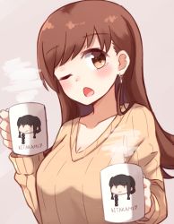 Rule 34 | 10s, 1girl, alternate costume, bad id, bad pixiv id, brown eyes, brown hair, character print, collarbone, cup, d;, earrings, grey background, highres, holding, holding cup, jewelry, kantai collection, kapatarou, kitakami (kancolle), long hair, long sleeves, mug, one eye closed, ooi (kancolle), open mouth, ribbed sweater, solo, sweater, yellow sweater