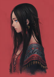 Rule 34 | 1girl, black hair, blue eyes, braid, crescent, crescent earrings, earrings, hair ornament, jewelry, lace-up, lipstick, long hair, makeup, oopartz yang, original, profile, red background, simple background, solo, traditional clothes, upper body