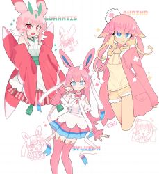 Rule 34 | 3girls, audino, blonde hair, blue eyes, blunt bangs, blush, bright pupils, character name, ciosuii, closed mouth, creatures (company), game freak, gen 5 pokemon, gen 6 pokemon, gen 7 pokemon, heart, heart-shaped pupils, highres, long hair, looking at viewer, looking down, lurantis, multicolored hair, multiple girls, nintendo, open mouth, parted lips, personification, pink eyes, pink hair, pink legwear, pokemon, short hair, shorts, smile, sylveon, symbol-shaped pupils, teeth, thighhighs, upper teeth only, white pupils