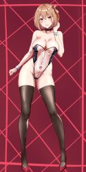 Rule 34 | 1girl, absurdres, bare shoulders, black choker, black thighhighs, blonde hair, bob cut, breasts, choker, cleavage, closed mouth, collarbone, contrapposto, covered navel, dick-o-meter, groin, hair ribbon, hand up, heart maebari, high heels, highleg, highleg leotard, highres, large breasts, leotard, lycoris recoil, maebari, measuring, meme attire, navel, nipples, nishikigi chisato, ovaries, penis measuring, playboy bunny, red background, red eyes, red ribbon, ribbon, see-through, see-through leotard, short hair, smile, solo, sperm cell, stomach, thighhighs, thighs, translucent bunnysuit, wrist cuffs, yosshi master
