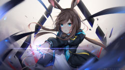 Rule 34 | 1girl, absurdres, amiya (arknights), arknights, black jacket, blood, blood on face, blue eyes, blurry, blurry foreground, brown hair, character name, commentary request, dated, depth of field, fingernails, glint, hair between eyes, highres, hood, hood down, hooded jacket, jacket, jewelry, long hair, long sleeves, looking at viewer, open clothes, open jacket, parted lips, puffy long sleeves, puffy sleeves, rabbit girl, ring, shirt, signature, solo, taitai, v-shaped eyebrows, white shirt